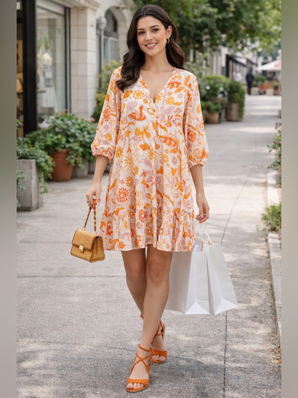 Flirty  Floral V-Neck Dress in Cream & Orange size medium